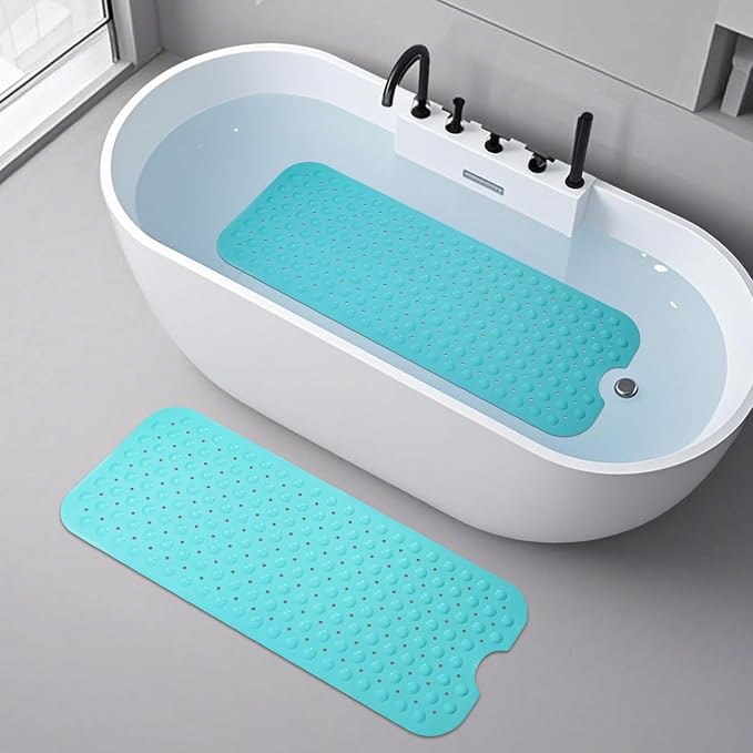 WarmSnow Long Bathtub Mat Non Slip 39.5 x 16 Inch, Inside Shower Mats with Suction Cups & Drain Holes, Soft TPE Bath Mat for Tub, Quick-Drain Bathroom Floor Mats, Blue