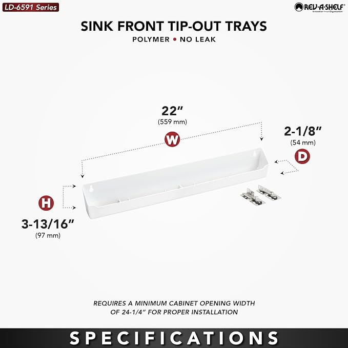 Rev-A-Shelf 22" Tip-Out Plastic Sink Tray for Kitchen and Bathroom Base Cabinets, Large Pullout Vanity Shelf Home Organizer, White, LD-6591-22-11-1