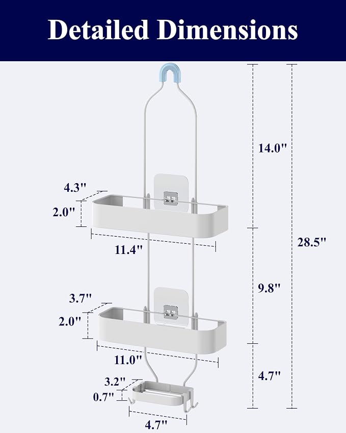 Kitsure Shower Caddy Hanging - No-Drill Bathroom Organizers and Storage, Wobble-Free Bathroom Shelves with Adhesive Tapes, Rust-Proof Shower Storage for Toiletries, White, 28.5" H