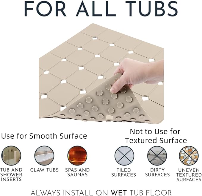 Shower Mat Non Slip 21"x21" Silicone Foldable Bath Mat with Suction Cups & Drain Holes, Odorless, Eco-Friendly & Durable, Machine Washable Shower Stall Mat for Adults, Seniors Beige