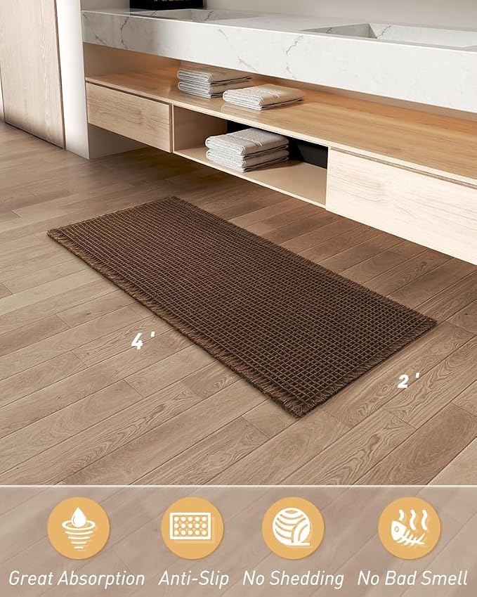 Upgraded Waffle Runner Rug Super Absorbent Non Slip Bath Mats for Bathroom Machine Washable Bathroom Runner Rug with Tassels, Ideal for Hallway Bedroom Laundry Room, 2' x 4' (24" x 48"), Terracotta