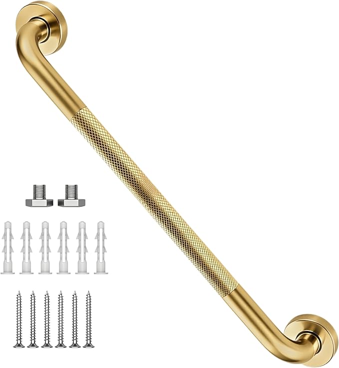 24 Inch Shower Grab Bar, Brushed Gold Anti Slip Safety Bars, 304 Stainless Steel Bathroom Handrail, Handicap Grab Bars for Wall, Shower Grip Handle for Seniors Elderly Injury Assist Bath (1.25" Dia)