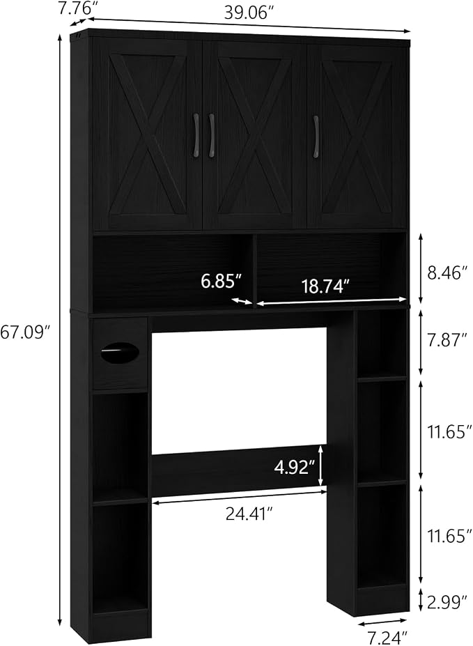 Over The Toilet Storage Cabinet, Farmhouse Toilet Cabinet Rack with 3 Barn Doors, Space Saving Bathroom Organizer with Shelves, Toilet Paper Holder and Towel Rack for Bathroom,Restroom,Laundry, Black.
