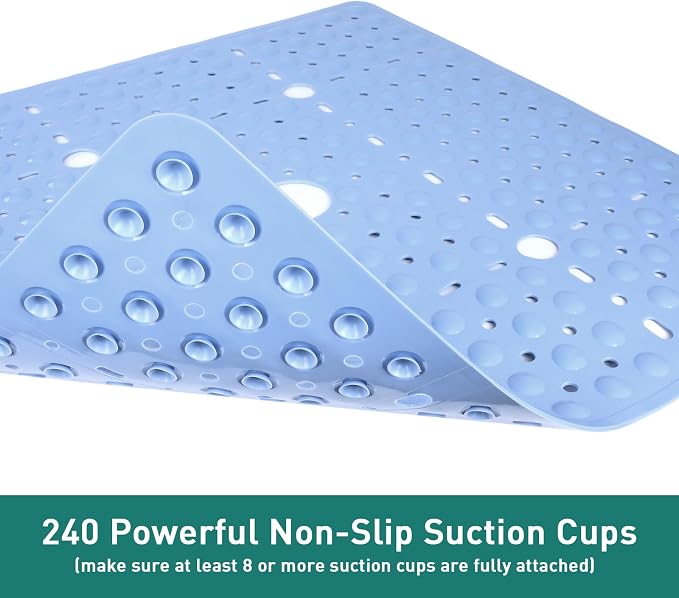 Large Square Shower Mat 27 x 27 Inch Light Blue, Non Slip Shower Bathtub Mats for Inside Shower with Big Suction Cups Drain Holes, Anti Slip Bathroom Floor Stall Mats, Easy Clean, BPA-Free