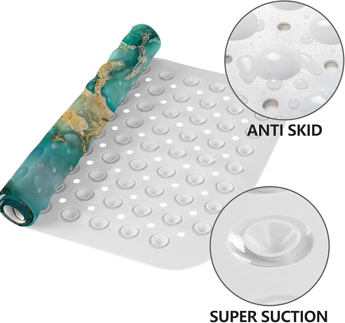 LNOND Marble Bath Tub Mat Non Slip, Extra Long 40 X 16 Inch Anti Slip Mat for Bathtub, Green Marble Shower Mat with Drain Holes and Suction Cups, Machine Washable