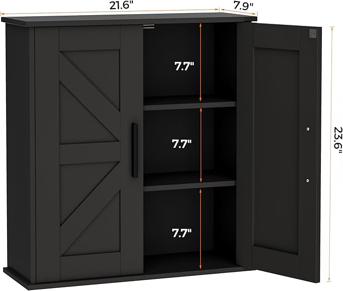Homleke Bathroom Wall Cabinet, Over Toilet Storage Cabinet with Barn Doors and Adjustable Shelves, 3-Tier Medicine Cabinet Wall Mounted, for Bathroom, Kitchen, Entryway, Laundry Room, Black, (7.9" D)