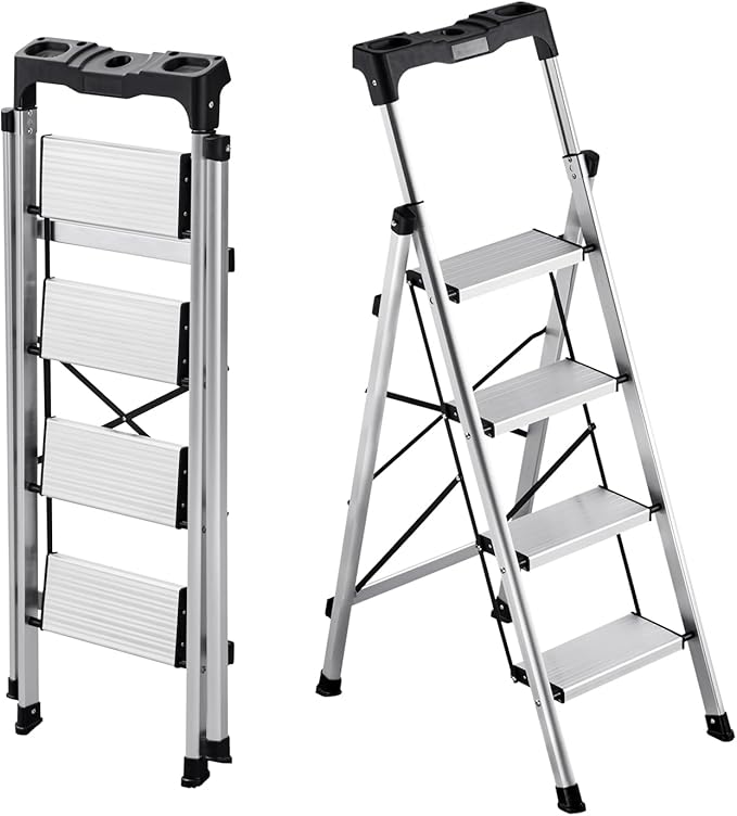 VEVOR 4 Step Ladder, Folding Step Stool with Wide Anti-Slip Pedal and Comfort Handgrip, 330 lbs Capacity Portable Aluminum Stepladder, Multi-Use for Kitchen, Home, Warehouse and Office, Silver