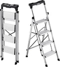 VEVOR 4 Step Ladder, Folding Step Stool with Wide Anti-Slip Pedal and Comfort Handgrip, 330 lbs Capacity Portable Aluminum Stepladder, Multi-Use for Kitchen, Home, Warehouse and Office, Silver