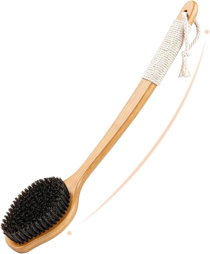 Back Scrubber for Shower，17in Bamboo with Curved Long Handle - Stiff Natural Boar Bristles for Men and Women, Deep Cleansing and Exfoliating, Anti-Slip Grip for Wet or Dry Brushing (Black)