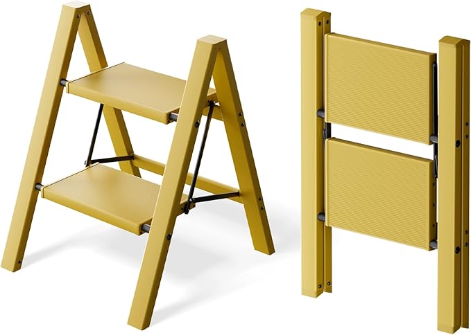 2 Step Ladder, Aluminum Lightweight Folding 2 Step Stool with Anti-Slip Wide Pedal,330lbs Capacity Steel Ladder for Household and Office(Soft Dusk Yellow)