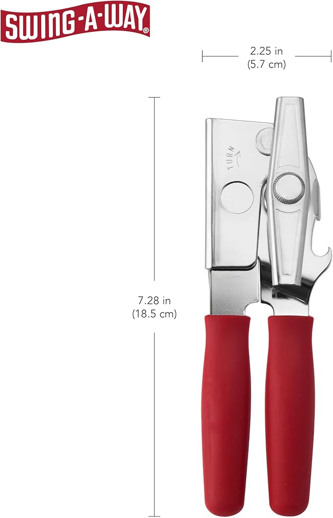 Swing-A-Way Portable Can Opener with Sharp Blade, Manual Hand Held, 2-in-1 Can and Bottle Opener, Made of Steel, Easy Turn Knob, Basic Kitchen Essentials (Red)