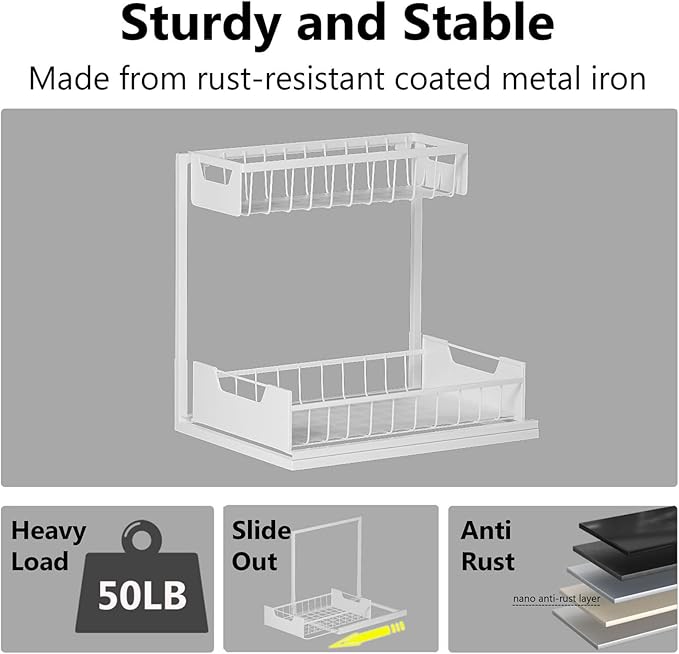Ceetug Under Kitchen Sink Organizers and Storage Pull Out 2 Tier Metal Bathroom Cabinet Organizer (White, 1 Pack)