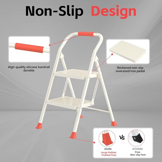 Foldable Folding Step Ladder Stool - 2 Stepping Tall Extension Heavy Duty with Handrails for Home Adults Kitchen - Extendable Stepladder Closet Stepstool Stair Ladders for Indoor House 600Lbs