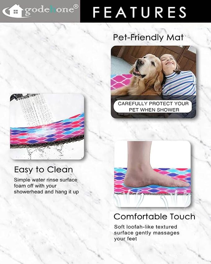 godehone Shower Mats Non Slip Without Suction Cups, PVC Loofah Bathroom Mats, Loofah Mats for Shower and Bathroom, Quick Drying, 15.7× 36 Inch, Colorful Geometric