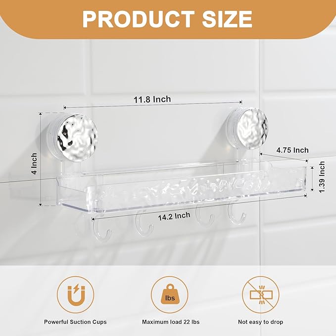Shower Caddy Suction Cup, Wall Mounted Suction Shower Rack Organizer, No Drilling Clear Shelf Basket with 4 Movable Hooks, Bathroom Storage Rack Suitable for Smooth Walls