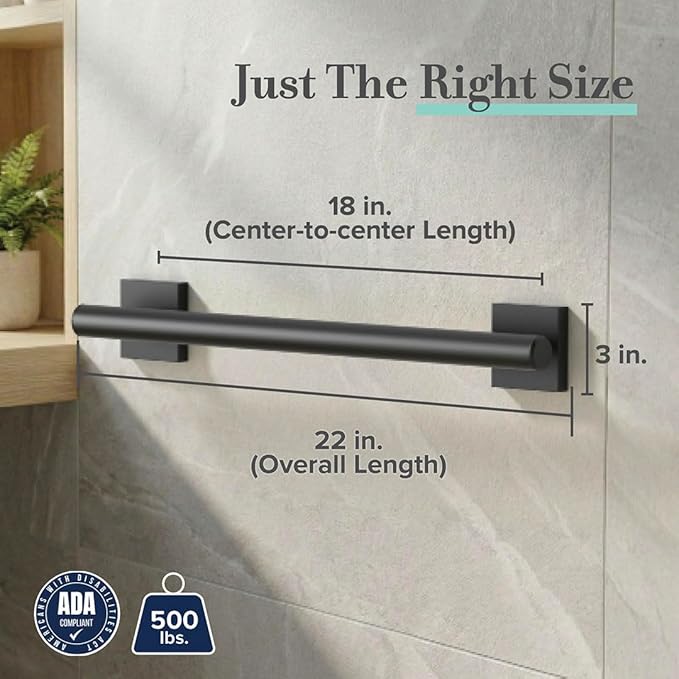 Gatco 942MX Elevate 18" L Grab Bar, Matte Black/ADA Compliant Stainless Steel Safety Grab Bar for Bathroom