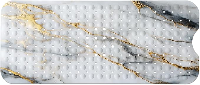 LNOND Marble Bath Tub Mat Non Slip, Extra Long 40 X 16 Inch Anti Slip Mat for Bathtub, White Gold Marble Shower Mat with Drain Holes and Suction Cups, Machine Washable