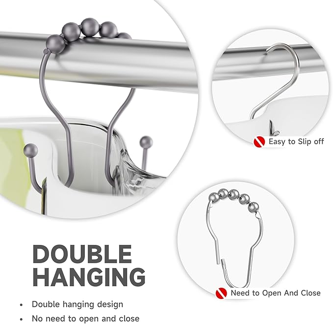 Bathway Shower Curtain Hooks, Shower Curtain Rings Rust Proof Double Hook Shower Curtain Hooks, 12 Pcs Grey Shower Hooks for Shower Curtain, Shower Rings for Curtain, Metal Shower Rod Hooks