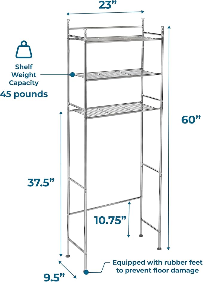 Honey-Can-Do 3-Tier Metal Bathroom Shelf Space Saver, Over The Toilet Storage Rack Organizer, Adjustable Chrome Wire Shelving Unit for Towels & Toiletries, 9.5 x 23 x 60 in