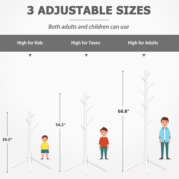 Coat Rack, Coat Racks Freestanding with 8 Hooks 3 Adjustable Heights for Clothes, Hats, Handbags, Coat Tree Easy Assembly for Entryway, Bedroom, Hallway, Office(White)