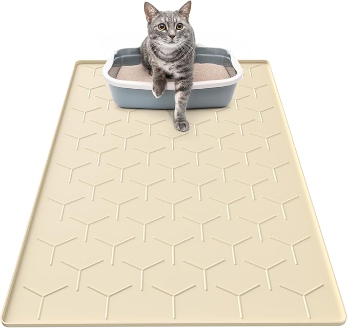 Garoopion Silicone Cat Litter Trapping Mat, Large Waterproof 34" X 22" Cat Litter Box Mat, Easy to Clean, Beige