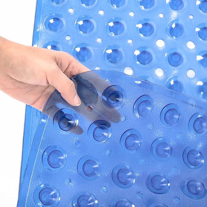 Anti Slip Extra Long Bathtub and Shower mat 39" x 16", Wet Floor Non-Slip for Elderly & Kids Bathroom, 30% Longer Bathtub Mats, 200 Suction Cups, Drain Holes, Machine Wash (Clear Blue)