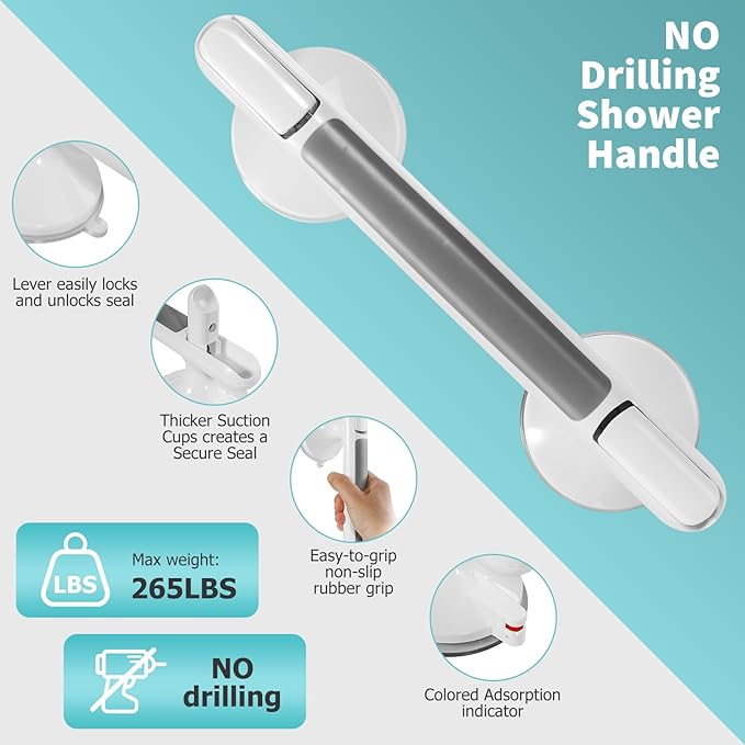 2 Pack Shower Handle, Heavy Duty Suction Cup Grab Bars Handle for Bathtubs and Showers, Bathroom Safety Bars Removable No Drilling Required for Seniors, Elderly, Handicap, 12 inch White