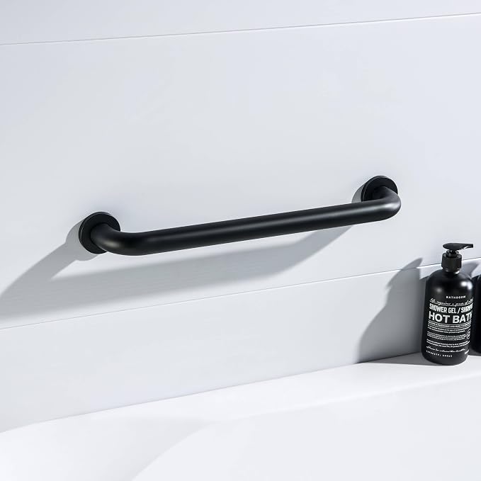 KIBI 18 Inch Stainless Steel Bathroom Safety Grab Bar | Curved Shaped Grab Bar for Bathtubs and Showers, Shower Safety Grab Bars for Seniors, Wall Mounted Anti-Slip Support (Matte Black, KGB1018)