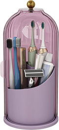 Toothbrush and Toothpaste Holders with Cover, All Pink | Waterproof and Dustproof, 360° Rotating Base, Smooth Sliding Door, 3 Slots, for Bathroom Countertop