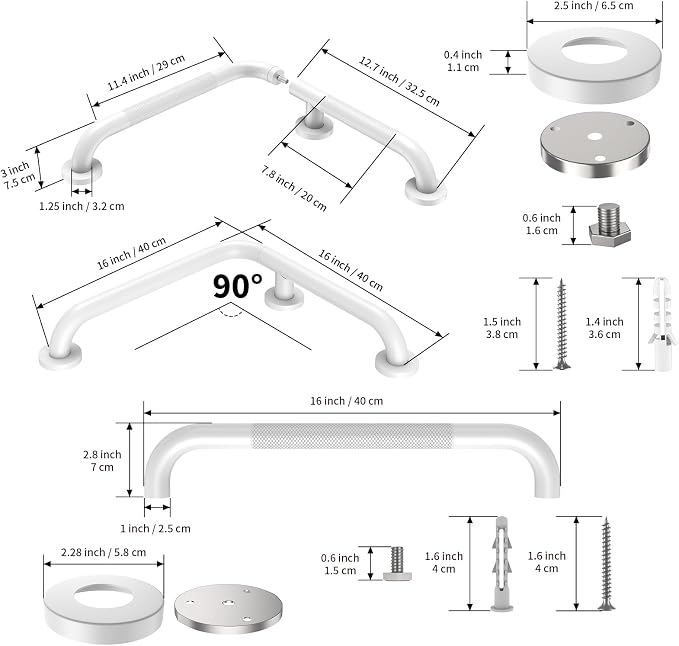 Angled Grab Bar 16x16 Inch White, Knurled L-Shaped Shower Grab Bar w/16 Inch Straight Bathtub Toilet Safety Handrail Wall Mounted, Anti Slip Balance Support Bar for Seniors Elderly Injury Handicap