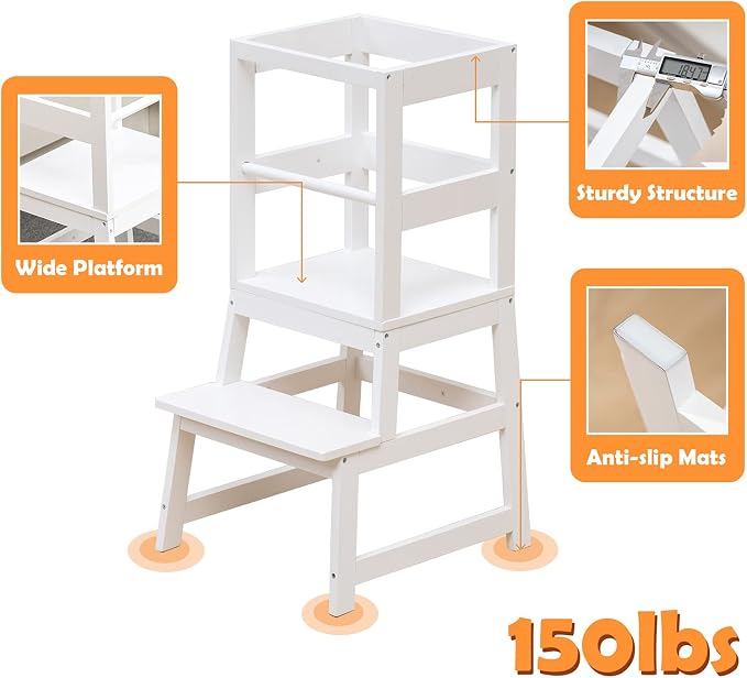 Kitchen Step Stool for Toddlers with Non-Slip Mat, WOOD CITY Wooden Kids Montessori Learning Stool Tower, Toddler Standing Tower Helper for Kitchen Counter and Bathroom Sink(White)