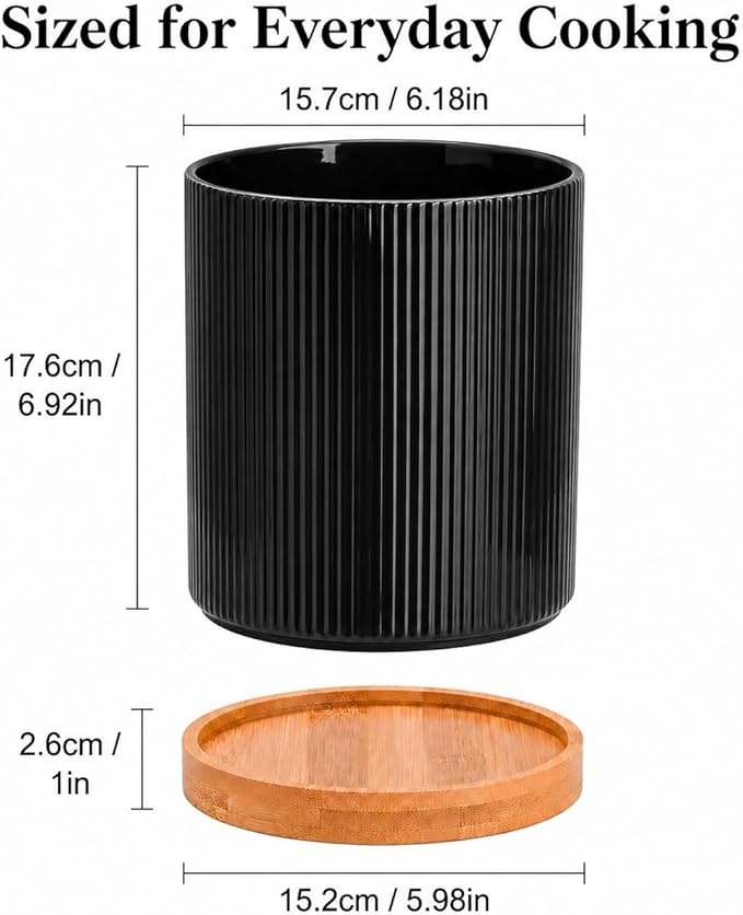 QUELIEN Utensil Holder, 360° Rotating Ceramic Kitchen Utensil Holder for Countertop, 7.7" Utensil Crock for Kitchen Counter with Rotatable Wooden Base,Ideal Housewarming Gift & Mothers Day Gift