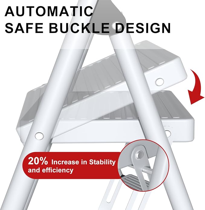 2 Step Ladder for Kitchen Step Stool, Lightweight Folding Step Stool with Curved Safety Handrail, Auto-Lock Mechanism & Non-Slip Wide Pedals, Slim 2 Step Ladder Foldable for Home Indoor（White）