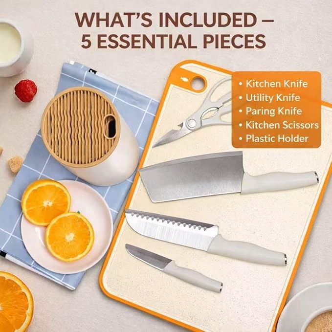 Small Knife Block Set, Modern Kitchen Knife Scissors with Universal Round Holder, Home Apartment New Kitchen Essentials, Space Saving, Keep Blade Dry(Beige White, 5PCS)