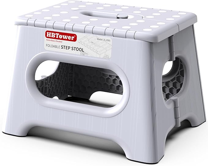HBTower Folding Step Stool 9 Inch - Holds 600 lb, Non-Slip Surface & Carry Handle - Sturdy Step Stool for Kids, Toddlers & Adults - Compact Foldable Foot Stool for Kitchen, Bathroom, Bedroom(White)