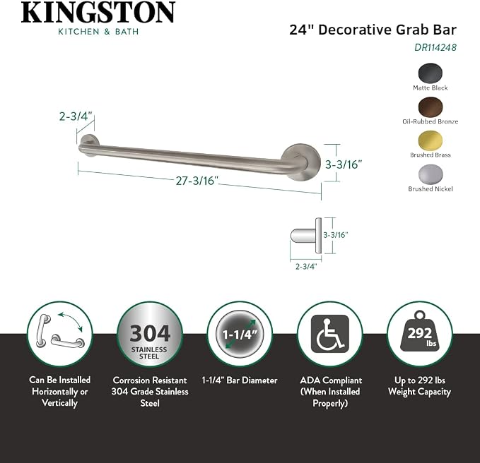 Kingston Brass DR114245 Designer Trimscape Americana Decor 24-Inch Grab Bar with 1.25-Inch Outer Diameter, Oil Rubbed Bronze