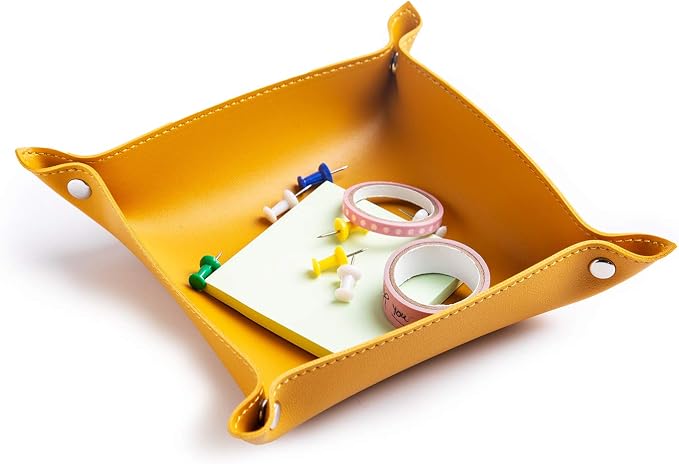 Leather Jewelry Valet Tray for Women and Man, Portable Entryway Table Tray Bedside Nightstand Desk Tray Small Catchall Travel Dish Plate for Key,Wallet,Watch,Coin (8x8, Yellow-B)