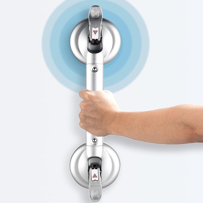 𝗨𝗽𝗴𝗿𝗮𝗱𝗲𝗱 Suction Cup Grab Bars for Bathtubs and Bathroom, Tool Free Shower Handle, Grab Handle for Elderly Suction with Indicators, Shower Grab Bar for Seniors, Heavy Duty,Sliver