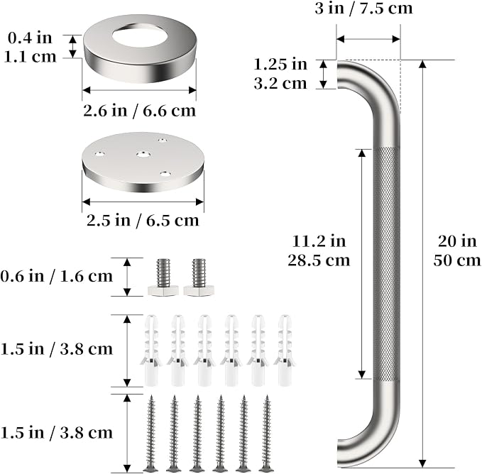 Shower Grab Bar 20 Inch, iHansee Brushed Nickel Bathroom Grab Bar w/Anti-Slip Knurled Grip, Stainless Steel Bath Safety Bars Support Handrail for Senior Elderly, Toilet Bathtub Balance Handle for Wall
