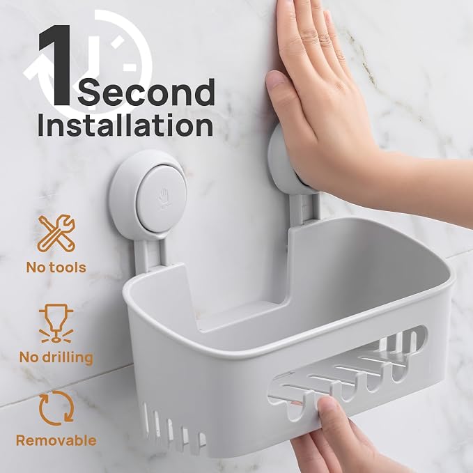 LEVERLOC Shower Caddy Suction Cup, Shower Organizer Removable Bathroom Shelf, Storage for Inside Shower Powerful Suction Max Hold 22lbs Waterproof Holder, Gray