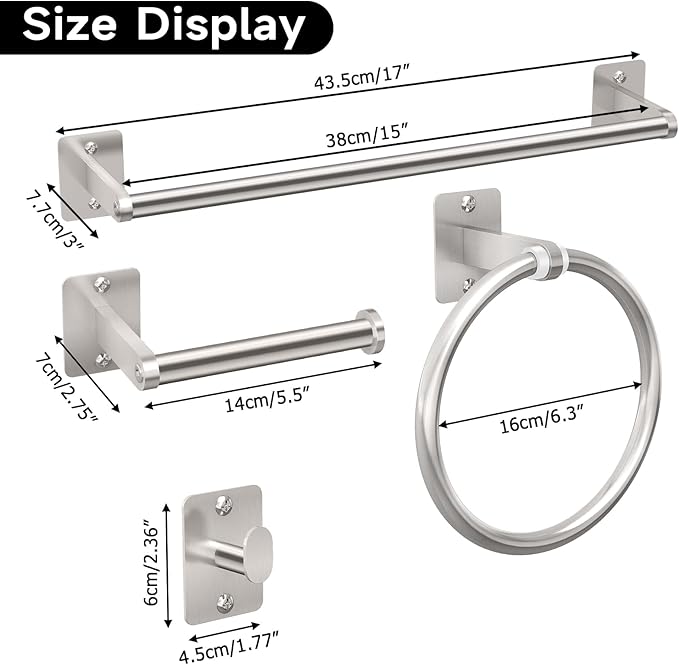 KLJKPA Brushed Nickel Bathroom Accessories Set, 4 Pieces Bathroom Hardware Set, 16 inch Towel Bar, Towel Racks for Bathroom, Robe Towel Hooks, Toilet Paper Holder Wall Mounted