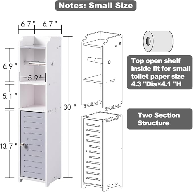AOJEZOR Toilet Paper Holder Stand: Small Bathroom Storage Cabinet - Light Grey - White