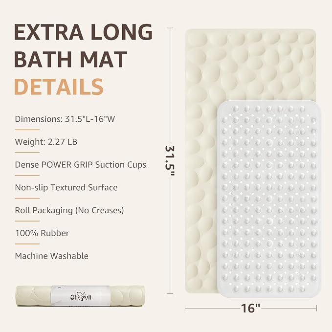 Bligli Non Slip Bathtub Mat, 16x31.5 Inch Standard Non-Slip Bathmats with Strong Suction Cups, Soft Rubber Anti-Slip Bathroom Floor Mat, Machine Washable, Comfort on Feet, 100% BPA Free (Beige)