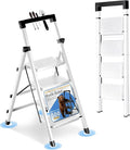 4 Step Ladder with Handrail Folding Step Stool with Tool Tray 500LBS Capacity Sturdy Carbon Steel Frame Anti-Slip Stripe Pedal for Home Kitchen Garage (white-4step)