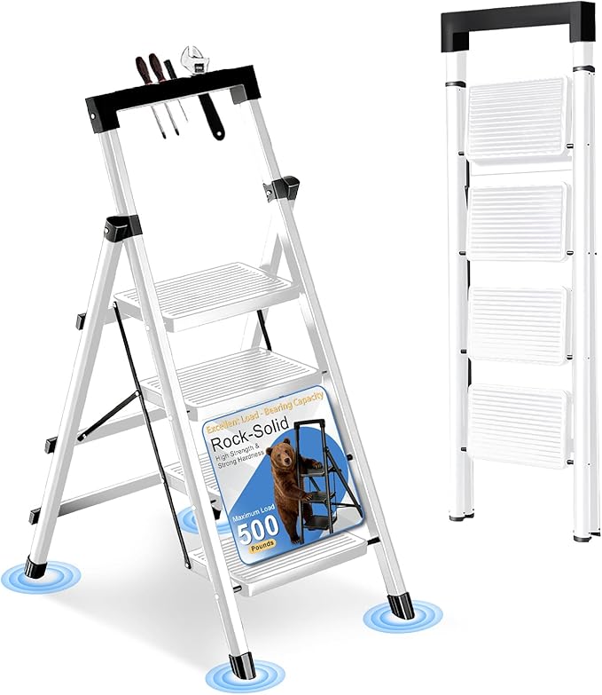 4 Step Ladder with Handrail Folding Step Stool with Tool Tray 500LBS Capacity Sturdy Carbon Steel Frame Anti-Slip Stripe Pedal for Home Kitchen Garage (white-4step)