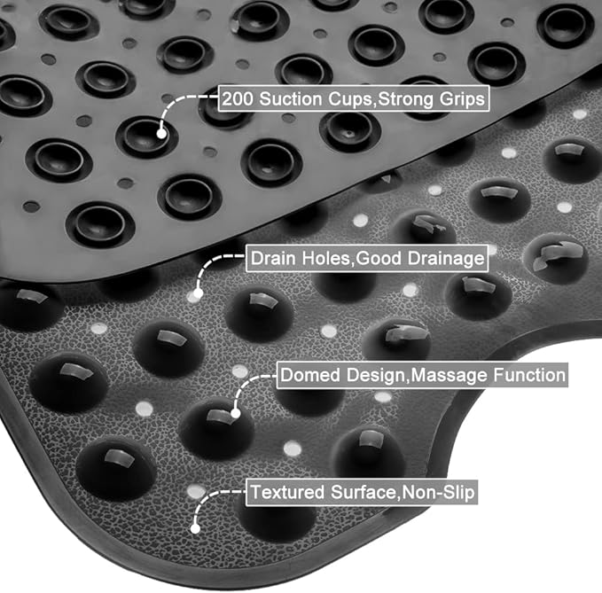 Bathtub and Shower Mats, Extra Long Non-Slip Bath Mat 39 x 16 Inch, Machine Washable Bath Tub Mat with Suction Cups & Drain Holes for Bathroom, Black