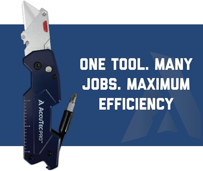 AccuTec Pro 7-in-1 Utility Knife 1 Blade - Multi-Purpose Tool - Folding Screwdriver, 1/4 Inch Bit Holder, Can/Bottle Opener, Inch/Metric Ruler, Phillips/Slotted Bit - APTL-8007