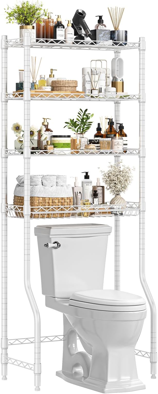 Simple Trending 4 Tier Over The Toilet Storage Rack, Bathroom Organizers and Storage Over Toilet with Adjustable Shelf and Basket, White