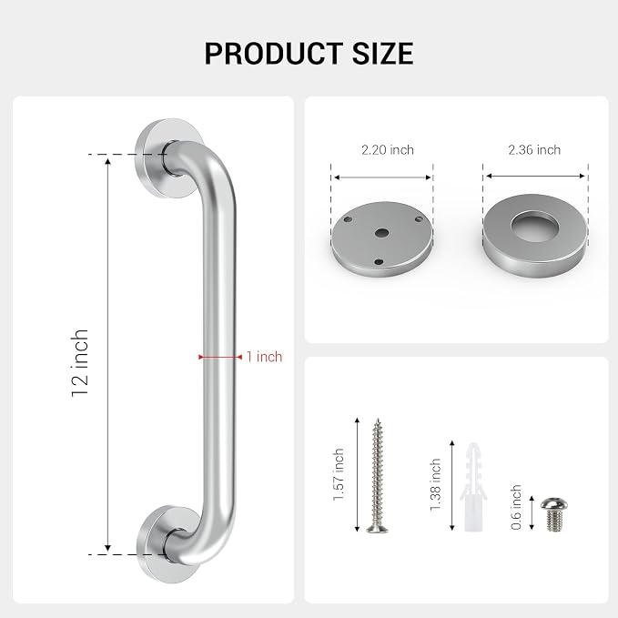 2 Pack 12 Inch Grab Bars for Wall Brushed Nickel, Safety Shower Grab Bars for Seniors Elderly Handicapped, Handicap Grab Bars for Shower with Concealed Screws, Tesuchan