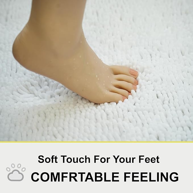 White Bathroom Rugs Chenille 3-Piece Extra Soft and Absorbent Shag White Bath Mat, Machine Wash Mat, Strong PVC Non-Slip Underside, Plush Carpet Mats